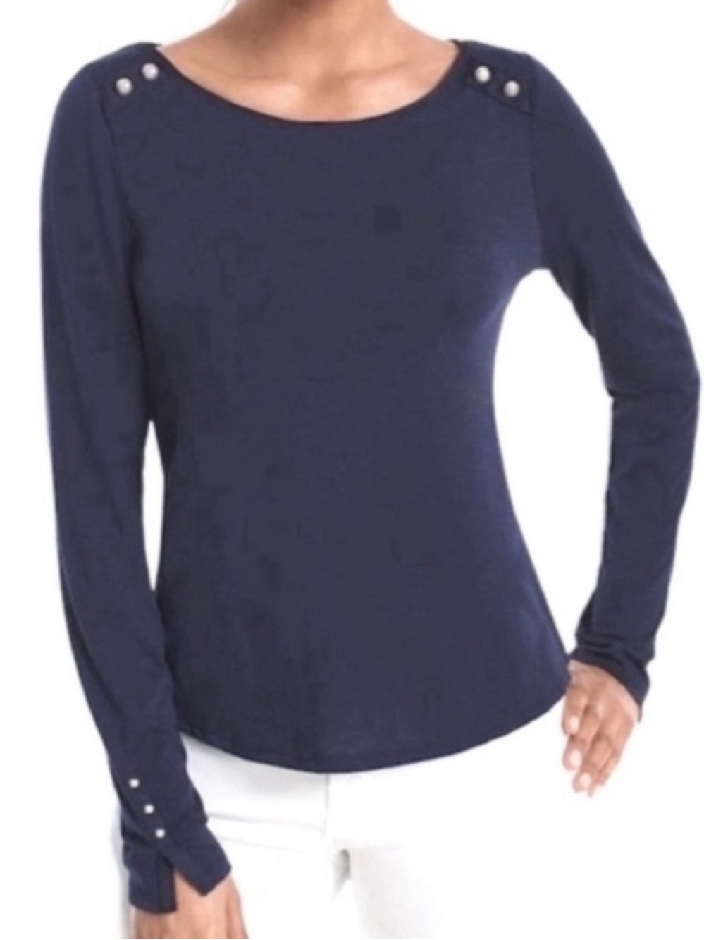 WHBM Long Sleeve Tee Satin and Button Detailed Top Classic Blue Size L